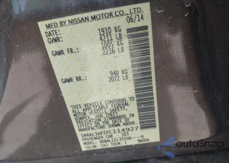 2015 Nissan Altima 2.5 Sv z USA, uszkodzony, nr VIN 1N4AL3AP2FC114927